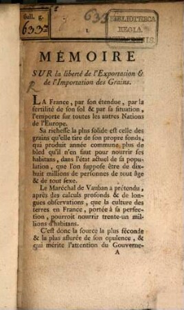 Mémoire sur la liberté de l'Exportation ... des Grains