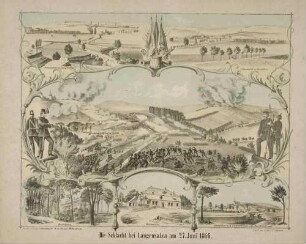 Schlacht bei Langensalza am 27.6.1866: Dorf und Gebäudeansichten, Bildmittig Kampfhandlungen am Fluss Unstruth, stürmende Soldaten und Geschützfeuer