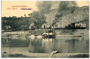Karpfenschänke. Elbe mit Schlepper