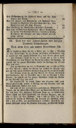 III. Von den vier Jahres-Zeiten und übrigen Himmels-Erscheinungen