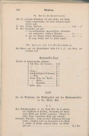 Kornmesser-Taxe. Tarif für die Erhebung des Stättegeldes auf den Wochenmärkten in der Stadt Kiel.