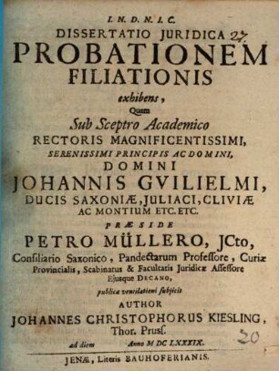 Diss. iur. probationem filiationis exhibens