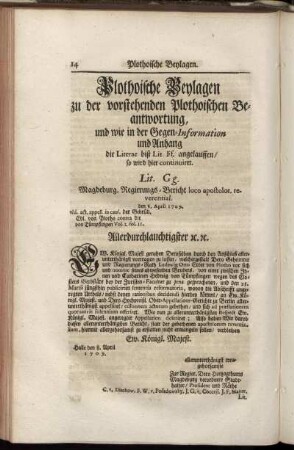Plothoische Beylagen zu der vorstehenden Plothoischen Beantwortung, [...]