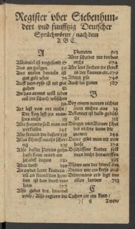 Register vber Siebenhundert vnd funfftzig Deutscher Sprüchwörter/ nach dem ABC.