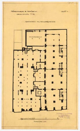 Warenhaus Wertheim, Oranienstraße, Berlin 1. u. 2. Bauabschnitt: Grundriss UG, 1:250