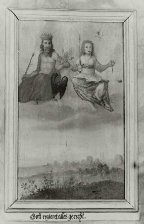 Gott regieret alles gerecht : Gott regieret alles gerecht. Malerei auf Holz; 71 x 58 cm (1701/1800). Radebeul, Hoflößnitz, Berg- und Lusthaus, Festsaal, Nordseite