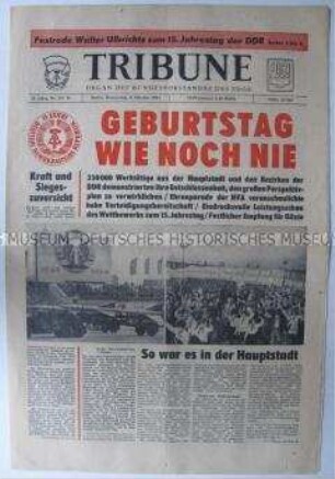 Tageszeitung des FDGB "Tribüne" zum 15. Jahrestag der DDR