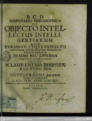 Disputatio philosophica de obiecto intellectus intelligentiarum