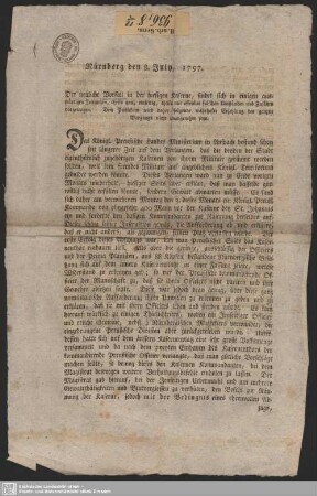 Nürnberg den 8. July, 1797. Der neuliche Vorfall in der hiesigen Kaserne, ...