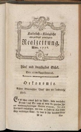 Fünf und dreyßigstes Stück. Den 27ten Augustmonat. Wien, 1776.