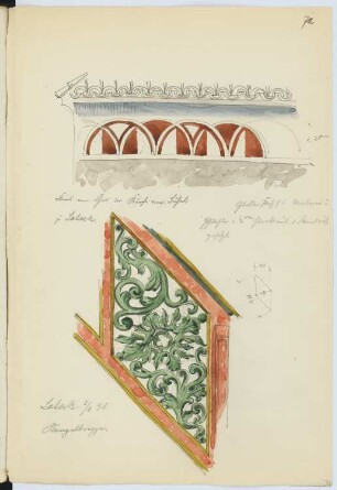 Unsere Liebe Frau auf dem Bichl, Latsch: Abschlussfries am Chor und Kanzeltreppe, Detail (aus: Skizzen- und Fotoalbum 14)