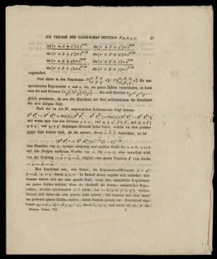 Zur Theorie der Gauss'schen Function F [...] [Druckfragment der Abhandlung]