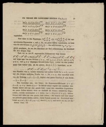 Zur Theorie der Gauss'schen Function F [...] [Druckfragment der Abhandlung]