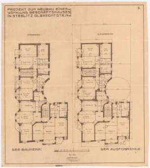 Wohn- und Geschäftshaus Schultz, Berlin-Steglitz: 2 Grundrisse 1. und 2. Obergeschoss 1:100