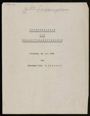 Grundgedanken der Relativitätstheorie. Vorlesung im S.S. 1921, Göttingen, 1921
