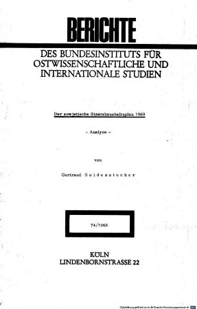 Der sowjetische Staatshaushaltsplan 1969 : Analyse