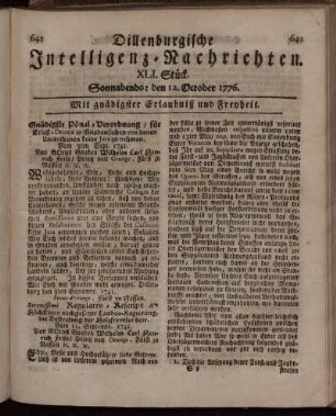 XLI. Stück: Sonnabends: den 12. October 1776.