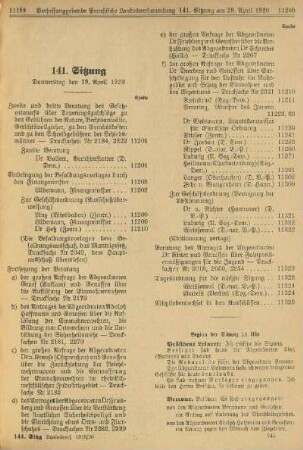 141. Sitzung. Donnerstag den 29. April 1920