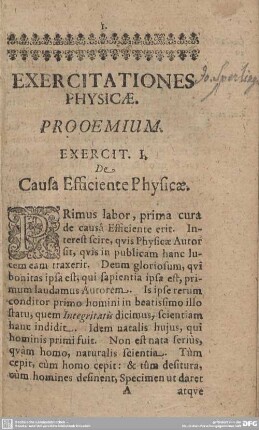 Exercit. I. De Causa Efficiente Physicae.