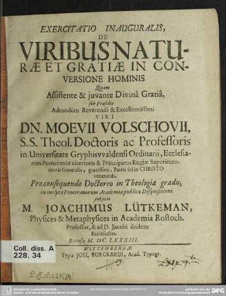 Exercitatio de viribus naturae et gratiae in conversione hominis