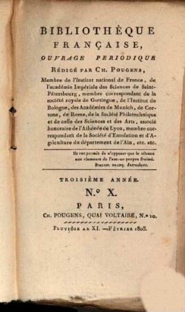 Bibliothèque française : ouvrage périodique. 3. 1803, 10 = Feb.
