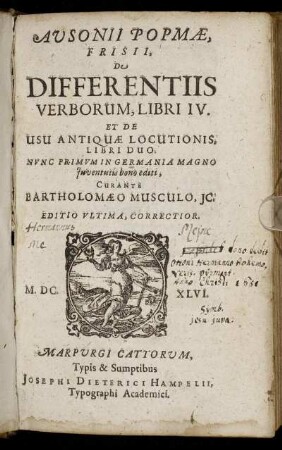 Ausonii Popmae, Frisii, De Differentiis Verborum, Libri IV. Et De Usu Antiquae Locutionis, Libri Duo