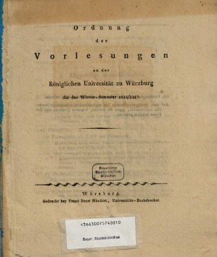 Ordnung der Vorlesungen an der Königlichen Universität Würzburg, 1816/17. WS