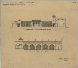 Fischer, Theodor; Stuttgart; Kunstausstellungsgebäude - Gartenhof Nordflügel West - Ost u. Ostflügel Nord - Süd (Ansichten m. Schnitt)