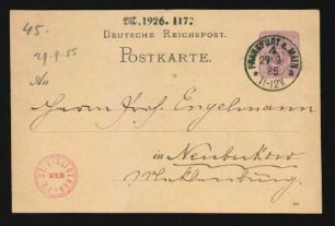 Postkarte an Wilhelm Engelmann : 29.09.1885