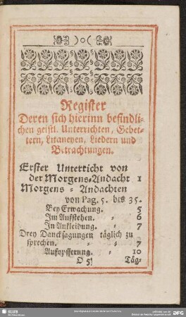 Register Derer sich hierinn befindlichen geilst. Unterrichten, Gebetern, Litaneyen, Liedern und Betrachtungen