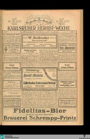 Karlsruher Tagblatt, Sonderausgabe. Karlsruher Herbst-Woche 1922