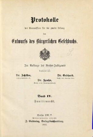 Protokolle der Kommission für die zweite Lesung des Entwurfs des Bürgerlichen Gesetzbuchs, 4. Familienrecht