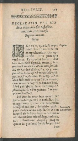 Declaratio Per Modum oeconomiae seu dispositionis titulis, De Diversis Regulis iuris antiqui.