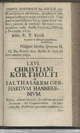 LXVI. Christiani Kortholti ad Balthasarem Gerhardum Hannekenium