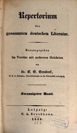 Repertorium der gesammten deutschen Literatur, 20. 1839