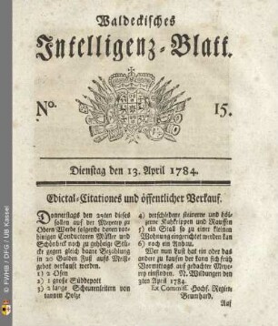 No. 15, Dienstag den 13. April 1784