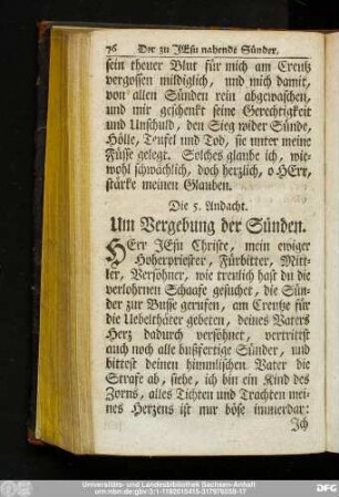 Die 5. Andacht. Um Vergebung der Sünden.