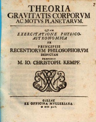 Theoria Gravitatis Corporvm Ac Motvs Planetarvm