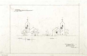 Gsaenger, Gustav; München - Obermenzing, Grünspechtstr. 13; Ev. Notkirche, Bethlehems Kirche, Pfarrhaus - Entwurf, Ost- u. Westfassade (Ansichten)