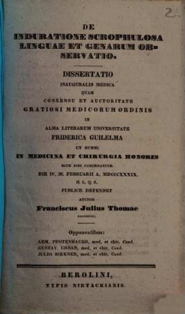 De induratione scrophulosa linguae et genarum observatio : diss. inaug. med.