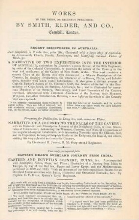 Works in the press, or recently published, by Smith, Elder, and Co., Cornhill, London