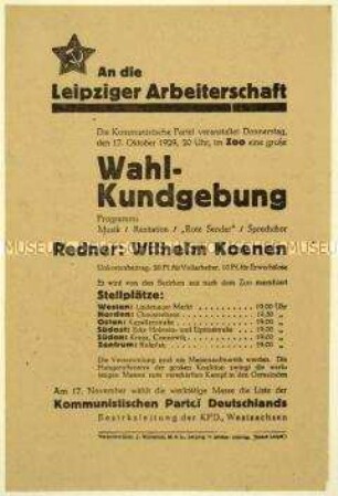 Ankündigung einer Kundgebung der KPD am 17. Oktober 1929 in Leipzig und Aufruf zu den bevorstehenden Kommunalwahlen