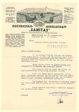 Geschäftsbrief der Firma "Sanitas", Fabrik für elektromedizinische und Röntgen-Apparate, Friedrichstraße 131d.