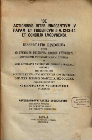 De actionibus inter Innocentium IV papam et Fridericum II a. 1243-44 et Concilio Lugdunensi