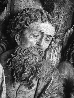 Mariae Heimgang : Mariae Heimgang. Holz, gefasst, geschnitzt (1530). Kopf einer männlichen Figur. Bad Schussenried, Klosterkirche, Pfarrkirche Sankt Magnus (Ehemalige Prämonstratenser-Klosterkirche)