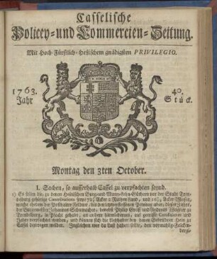 40. Stueck, Montag den 3ten October 1763