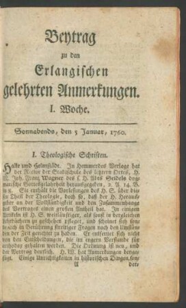 I. Woche (5. Januar 1760)-LII. Woche (27. December 1760): Beytrag zu den Erlangischen gelehrten Anmerkungen