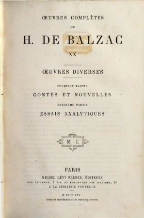 Ouevres complètes de H. de Balzac, 20. Oeuvres diverses ; 1. partie, Contes et nouvelles