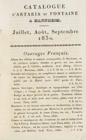 1830: Catalogue d'Artaria & Fontaine à Mannheim