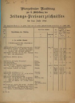 Preisliste der durch das Kaiserliche Postzeitungsamt in Berlin und die Kaiserlichen Postanstalten des Reichs-Postgebiets im Jahre ... zu beziehenden Zeitungen, Zeitschriften usw.. Nachträge. 1897, Nr. 14 - 15 [u.] 21 - 23
